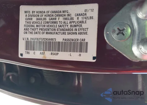 2012 Honda Civic Lx z USA, uszkodzony, nr VIN 2HGFB2F52CH544973